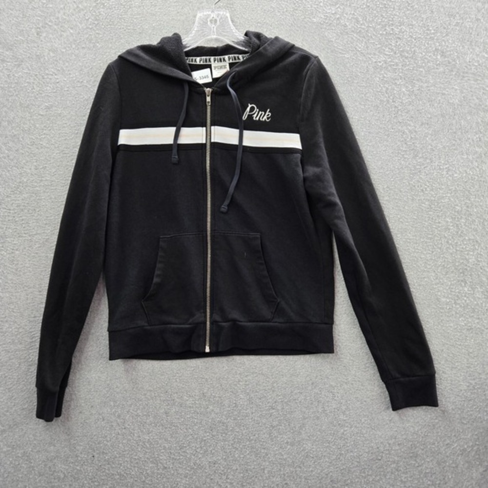 Pink Victorias Secret Women Sweatshirt M Black Hoodie Logo Pockets Full Zip